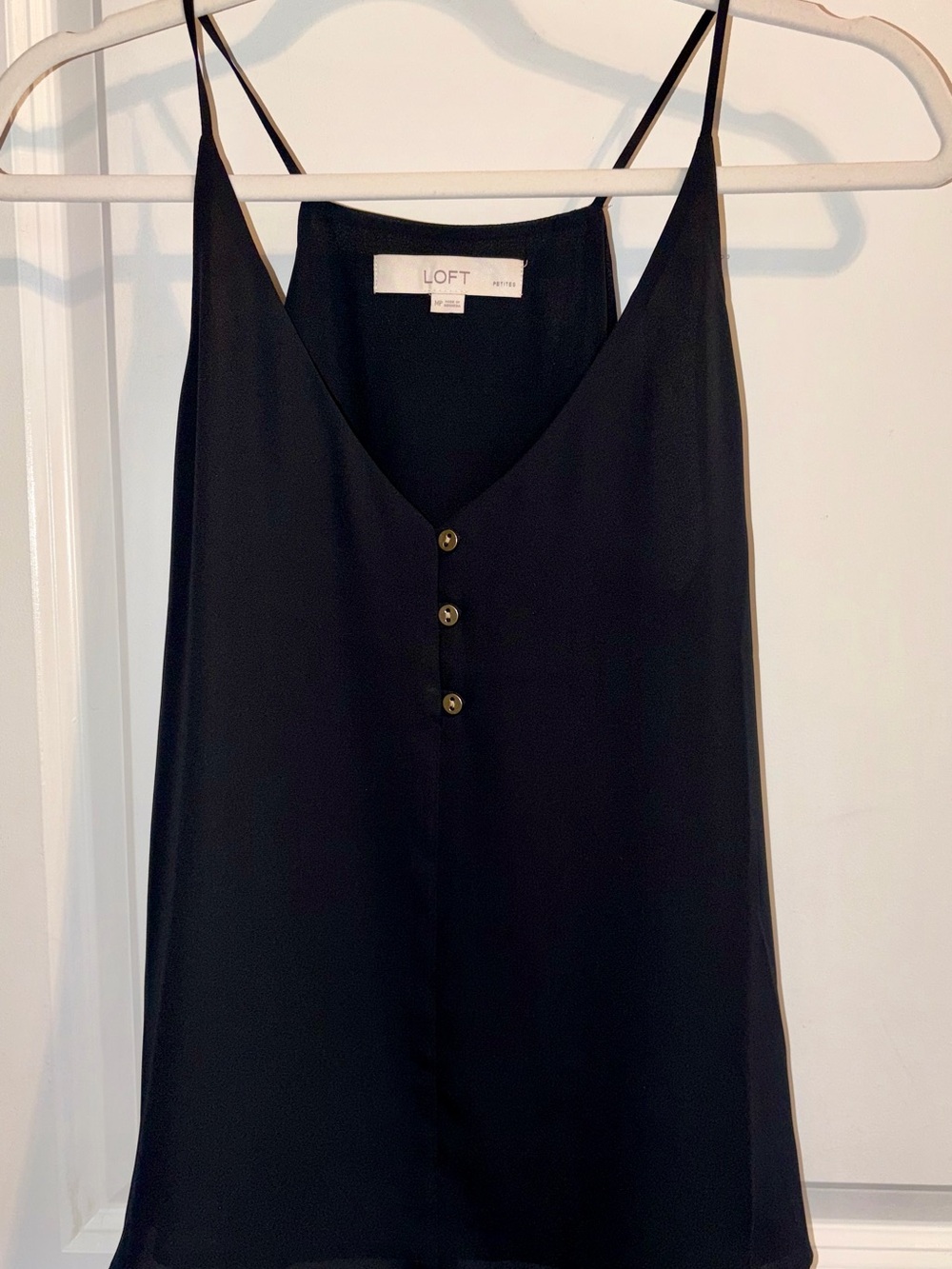 LOFT Black Satin V-Neck Spaghetti Strap Cami with Button Detail